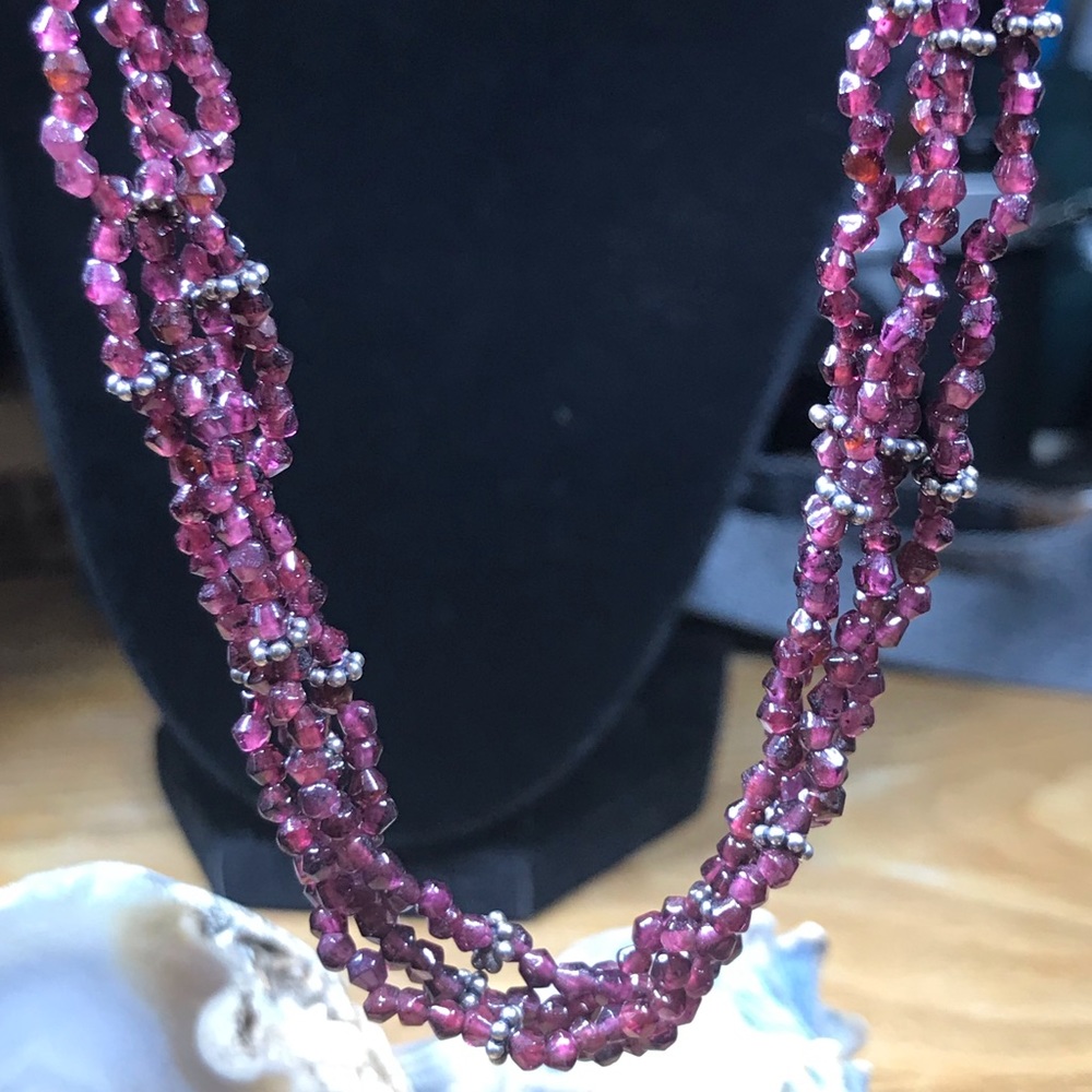 Amethyst Sterling Silver 4 Strand Seed Beads 22” Necklace w/ Toggle Clasp
